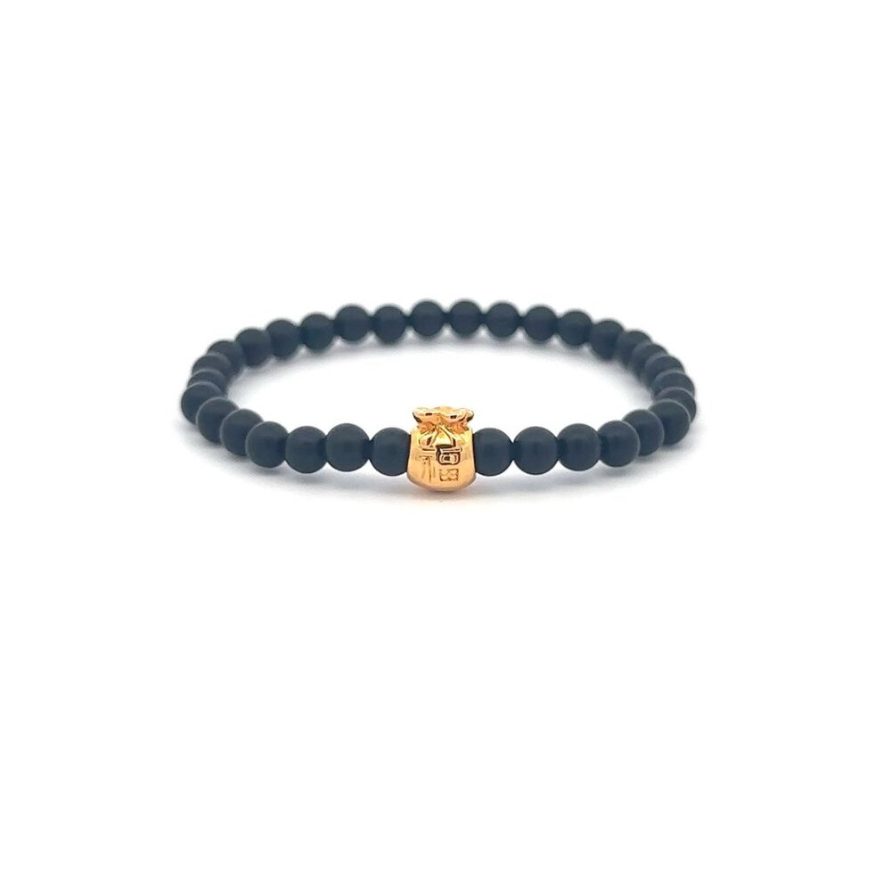 18K Gold Money Bag Matte Onyx Mini Gemstones 4mm Lucky Charm Elastic Bracelet